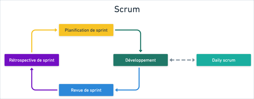 Représentation visuelle de Scrum.
Scrum forme une boucle jalonnée par 4 étapes : la planification de sprint, le développement (lui-même jalonné par des daily-scrums), la revue de sprint, et la rétrospective de sprint.