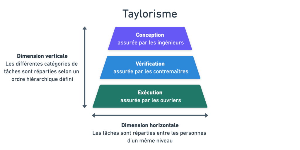 Représentation visuelle du Taylorisme.
C'est une pyramide représentant les 3 niveaux hiérarchiques de l'organisation Tayloriste du travail.
La base représente l'exécution, menée par les ouvriers.
L'étage intermédiaire représente la vérification, assurée par les contremaîtres.
Le sommet représente la conception, assurée par les ingénieurs.
La dimension horizontale consiste en la répartition des tâches entre personnes d'un même étage.
La dimension verticale consiste en la répartition des types de tâches en fonction de l'étage de la pyramide.